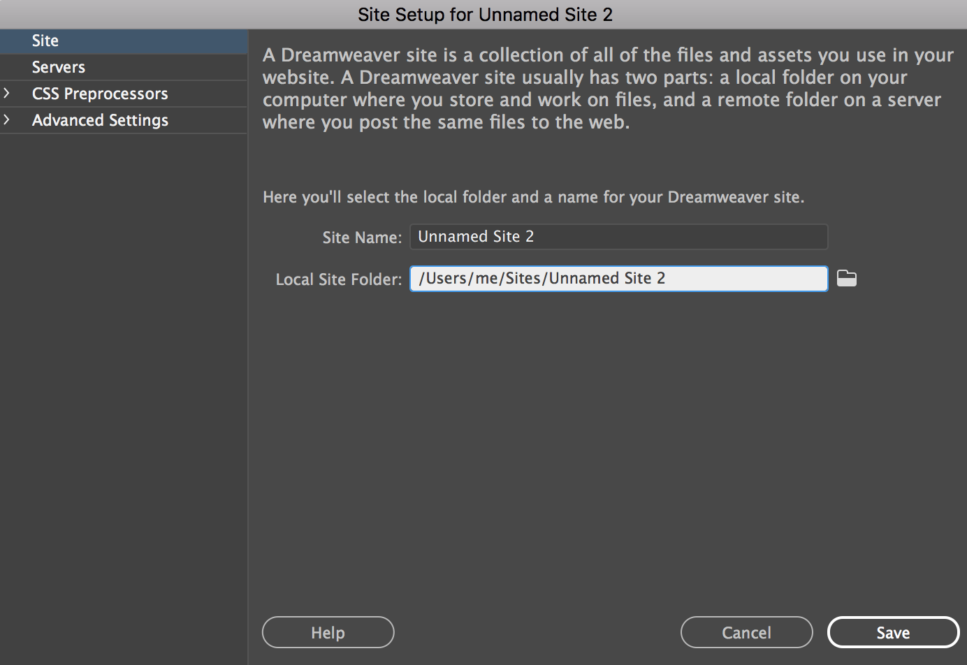 Adding a new site in dreamweaver