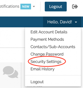 screen shot of pull down menu highlighting the security settings option
